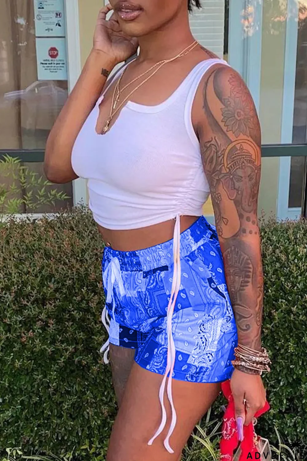 Grey Sexy Print Ripped Contrast Spaghetti Strap Sleeveless Two Pieces