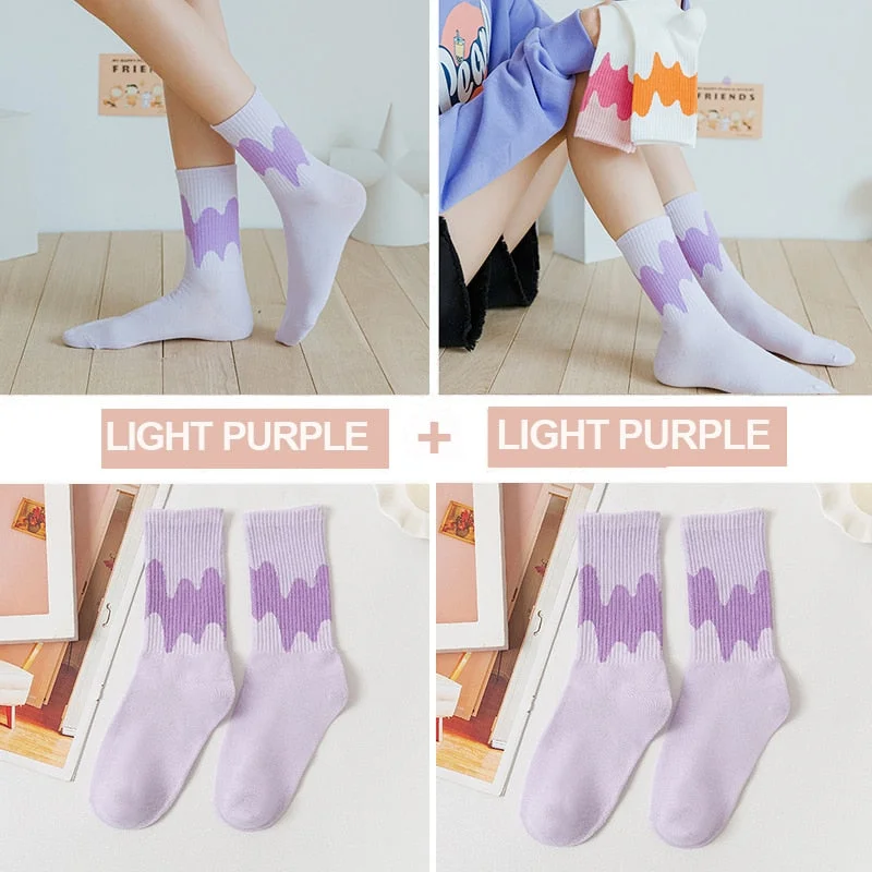 FINETOO 2Pairs/lot Women Midi Tube Socks Female Autumn Winter Candy Colors Korean Japanese Stitching Cotton Girls Graffiti Sock