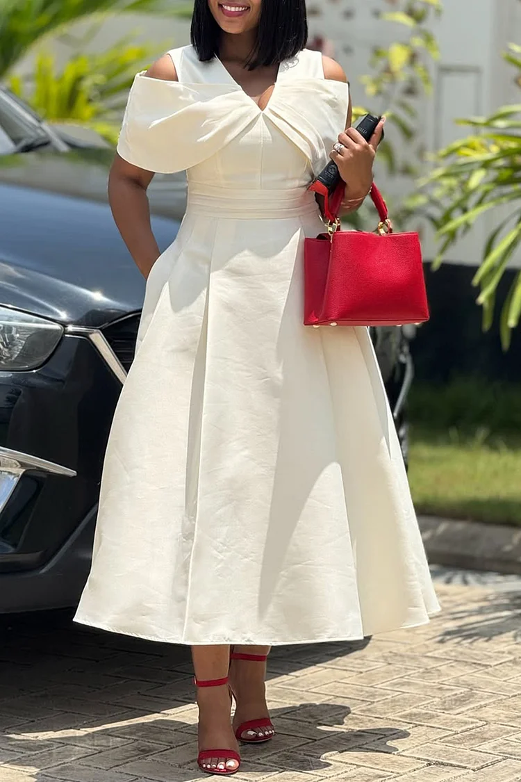 Plus Size Wedding Guest White V Neck Cold Shoulder Pocket Midi Dresses [Pre-Order] 2024 - Xpluswear