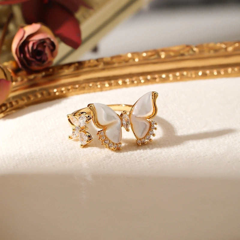 Copper 18K Gold Plated Inlay Butterfly Shell Zircon Open Rings