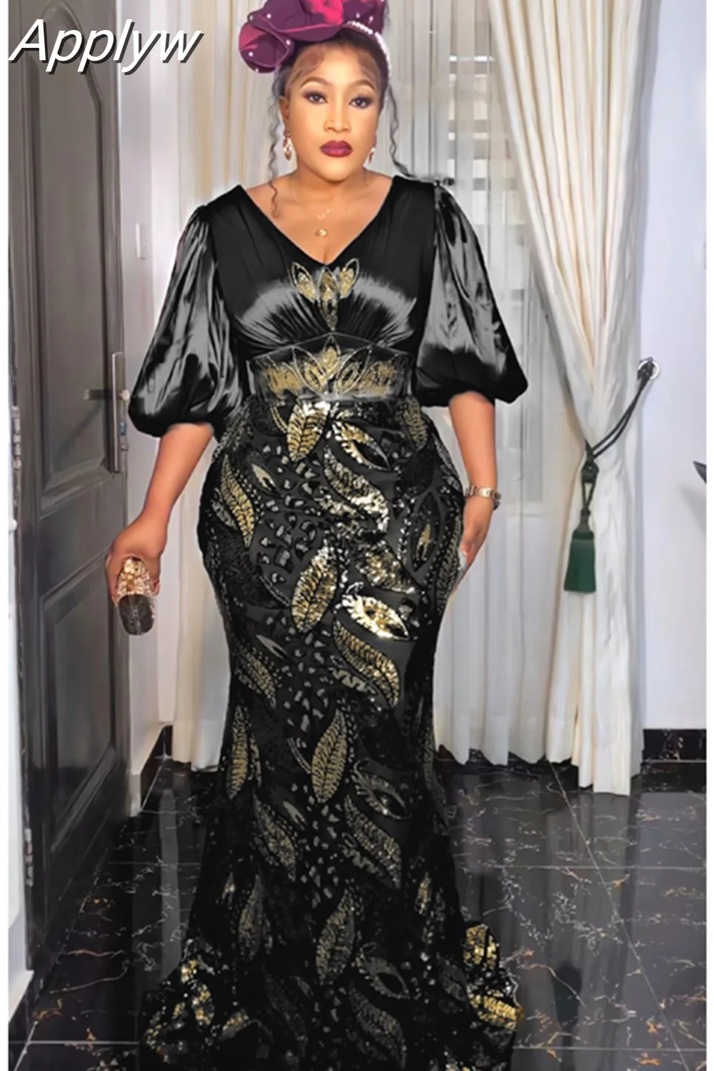 Applyw Summer African Women Plus Size Evening Dresses Wedding Party Long Luxury Sequin Gown Bodycon Mermaid Dress Ankara Clothing