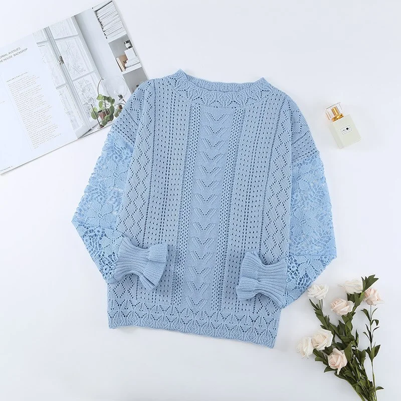 Jangj Female Long Sleeve Cut Out Lace White Sweater Tops Women Winter Solid Color Sexy Knitted Pullovers