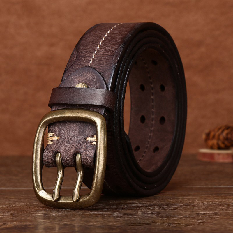 Men's Top Layer Vintage Cowhide Double Pin Buckle Perforation-free Outdoor Tactical Belt DANRRIO.COM DANRRIO