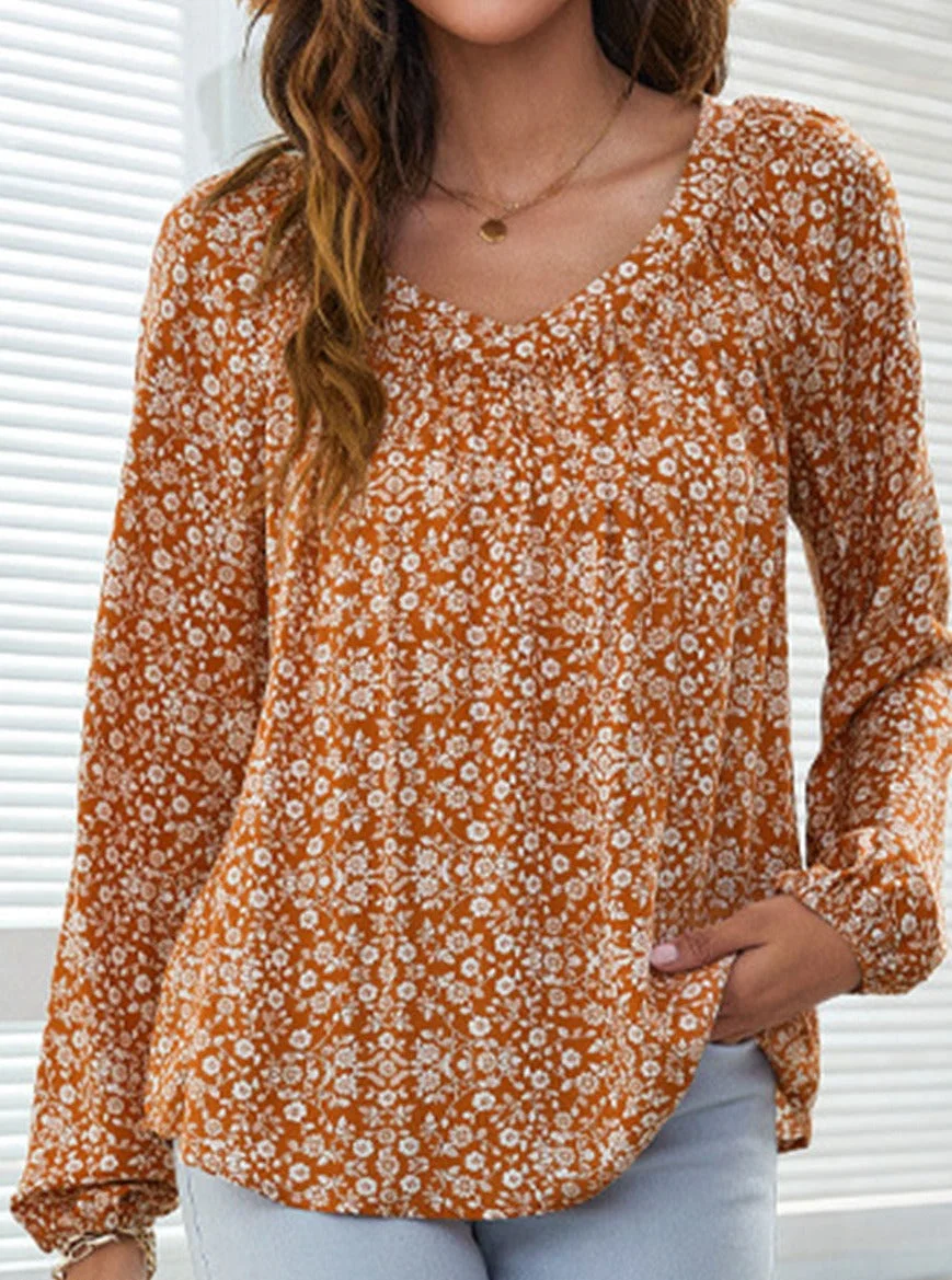 Floral Print V-Neck Casual Long-Sleeved Blouse