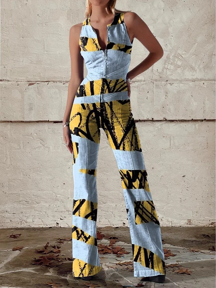 Women's Yellow and Black Split Graffiti Print Casual Denim Jumpsuit
