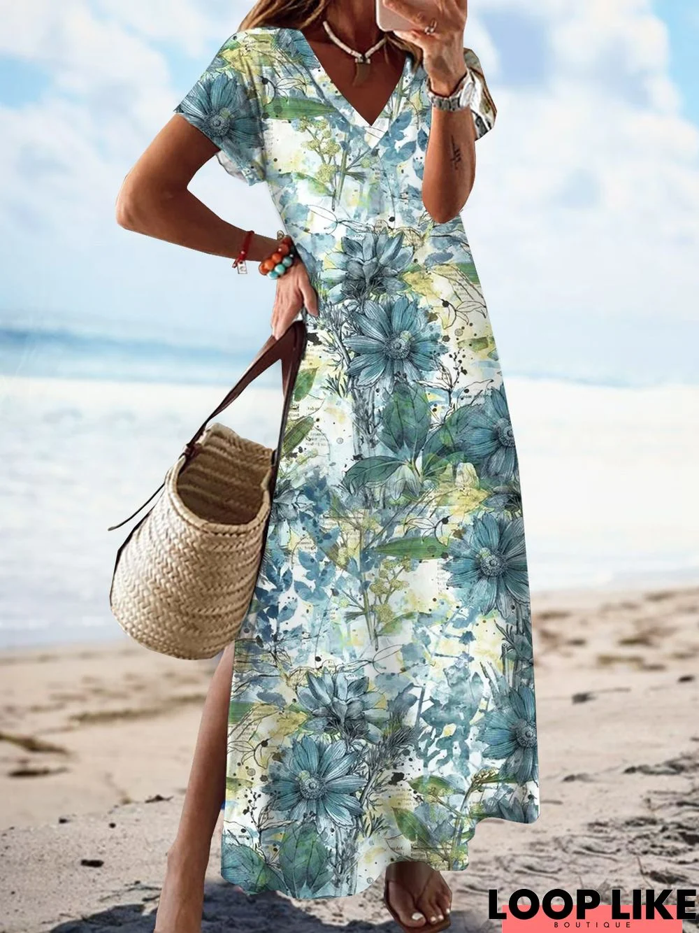 V Neck Floral Printed Jersey Dress