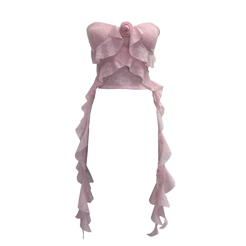 Uveng Real Shooting Lotus Leaf Side Flowers Sleeveless Chest Pads With Chest Vest Pure Desire Style Short-Term Wear 8852