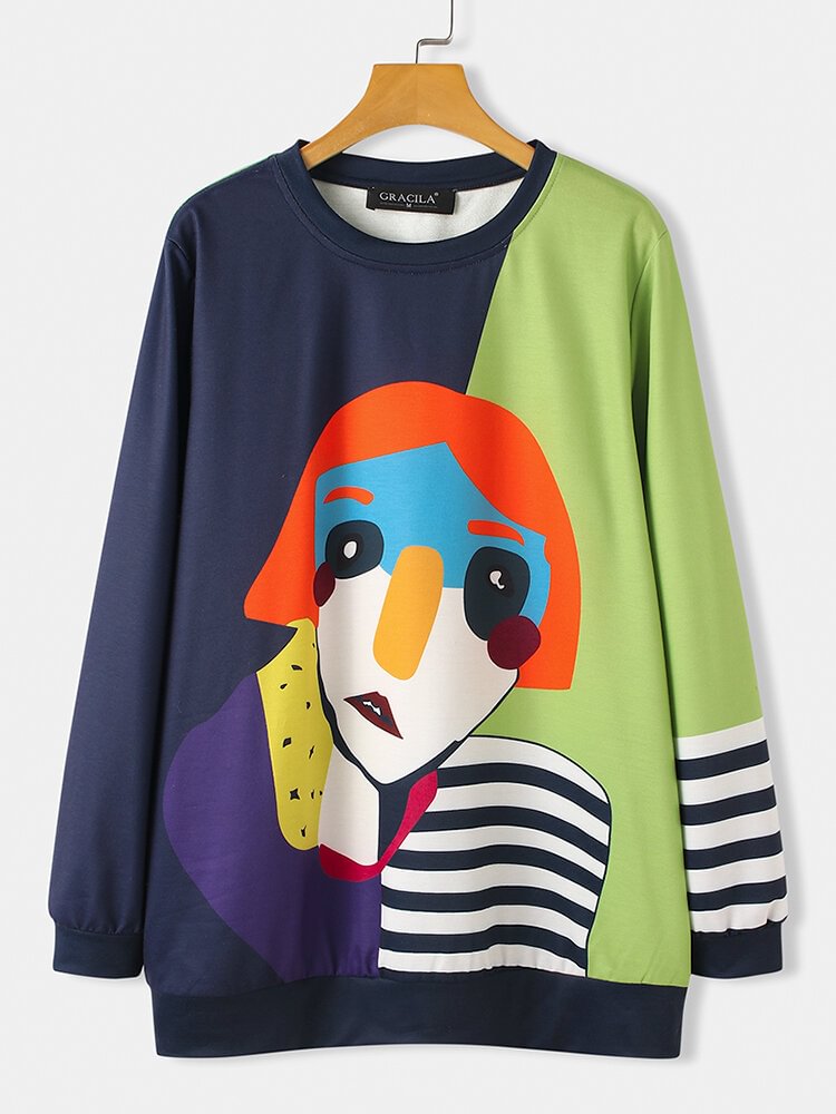 Patched Cartoon Print Long Sleeve Striped Sweatshirt For Women