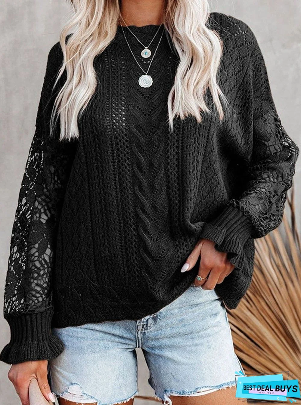 Fashion O-Neck Lace Hollow Casual Long-Sleeved Sweater