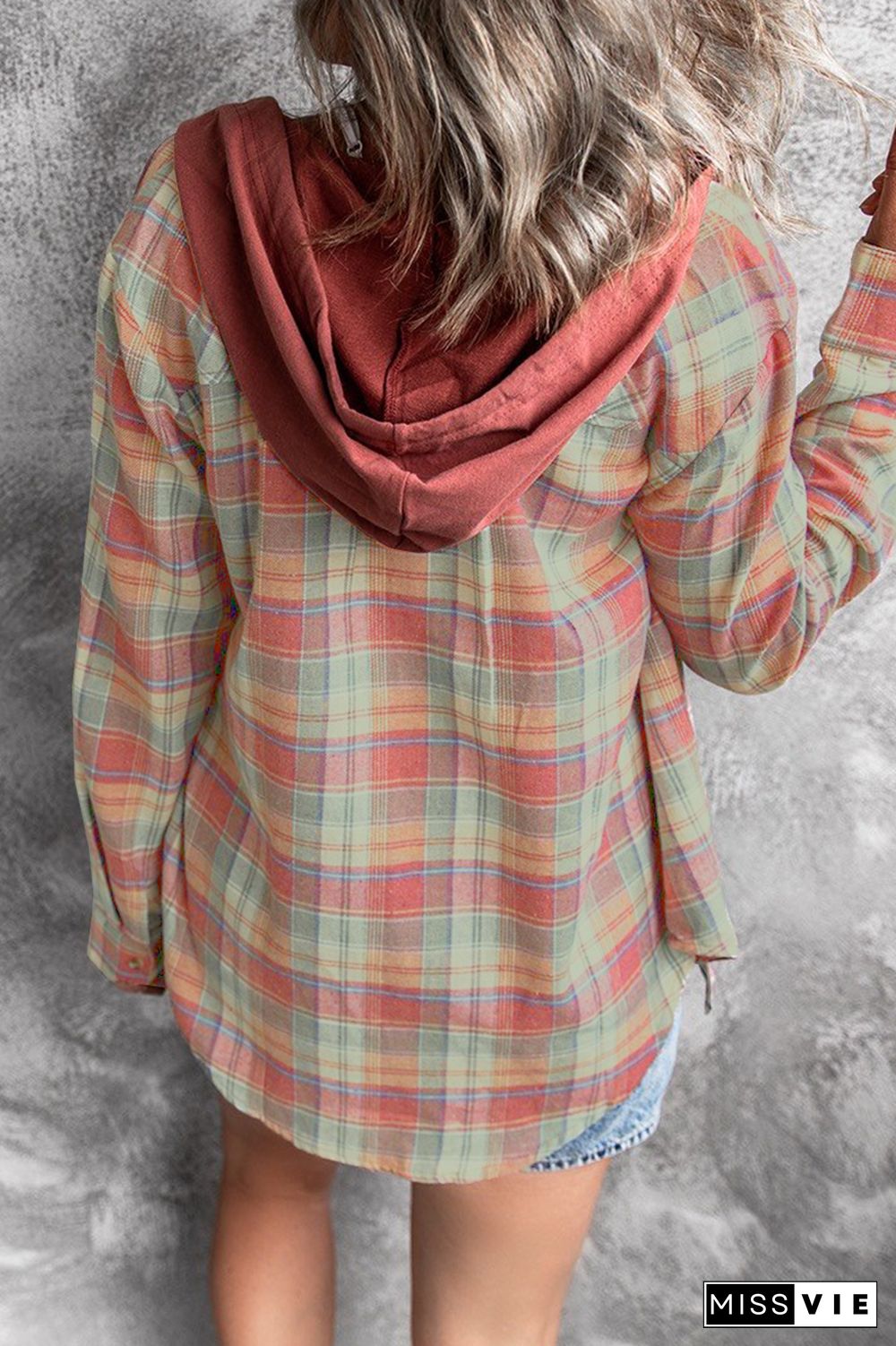 Street Plaid Frenulum Buckle Hooded Collar Tops（4 colors）