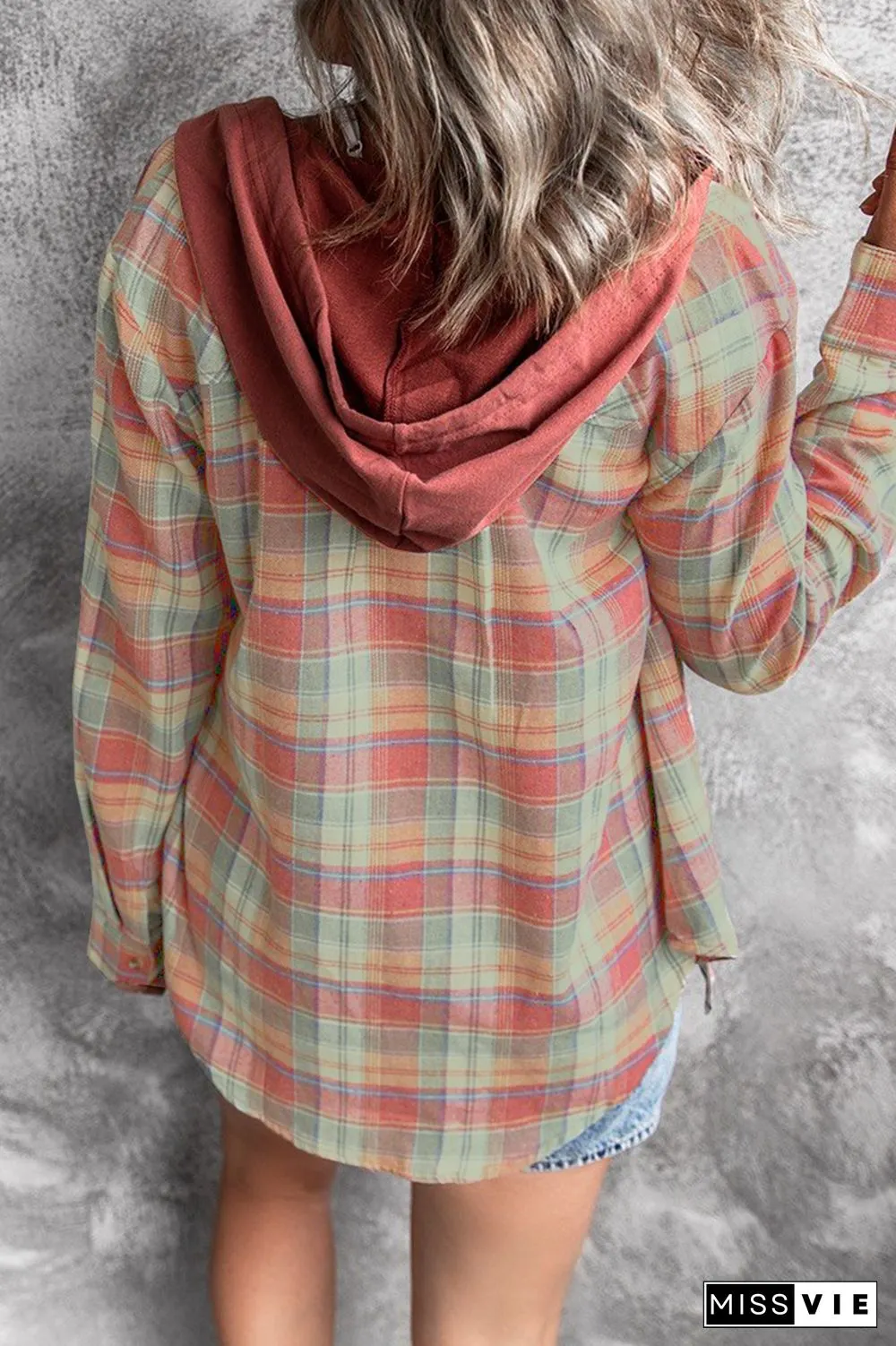 Street Plaid Frenulum Buckle Hooded Collar Tops（4 colors）
