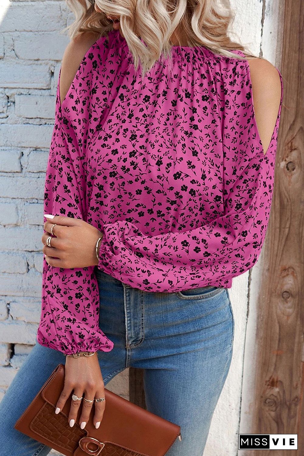 Cold Shoulder Frilled Collar Floral Blouse