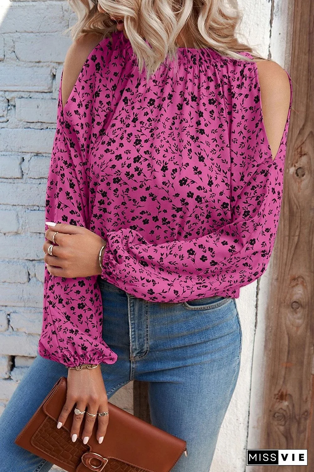 Cold Shoulder Frilled Collar Floral Blouse