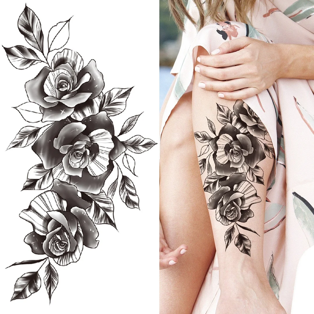 Black 3D Rose Temporary Tattoo For Women Girls Adult Peony Dahlia Flower Tattoos Sticker Black Flora Glory Geometric Arm Tatoos