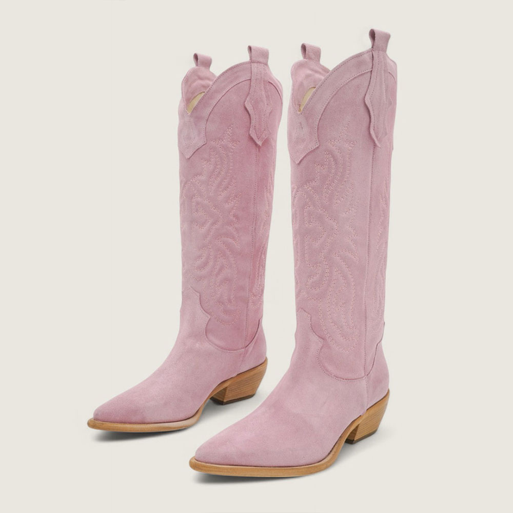Light Pink Pointed Toe Embroidered Mid-Calf Cowgirl Boots with Loops Nicepairs