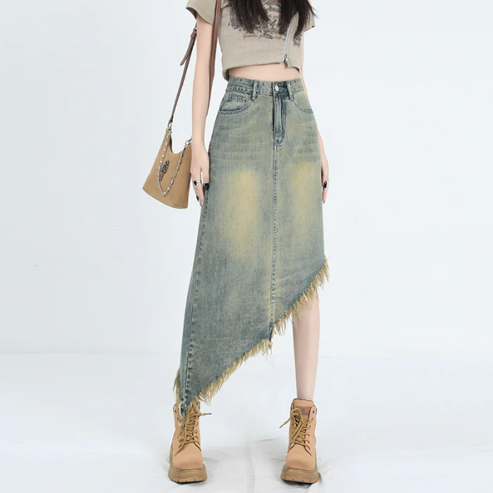 Zingj Zingj High Waist A-Line Denim Skirt Skirt Female Spring And Autumn Irregular Design Sense Long Skirt Small Tassel Skirt