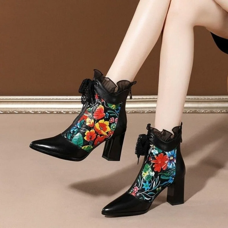 Flower Print Microfiber Leather Short Boots,Women High Heeled Shoes,Pointed Toe,Ankle Botas,Block Heel,BLACK,RED,Dropshipping
