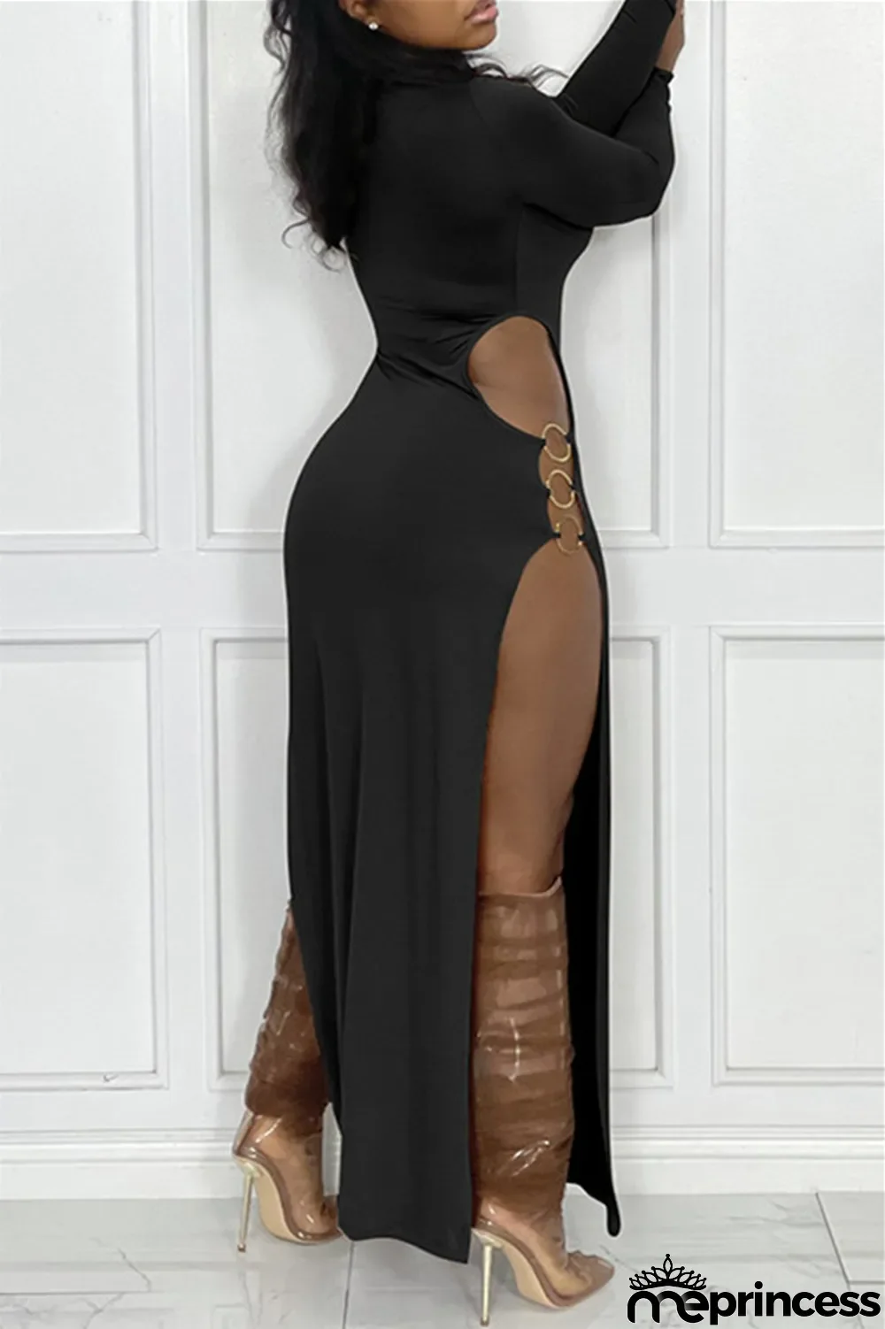 Black Sexy Casual Solid Hollowed Out Slit O Neck Long Sleeve Dresses