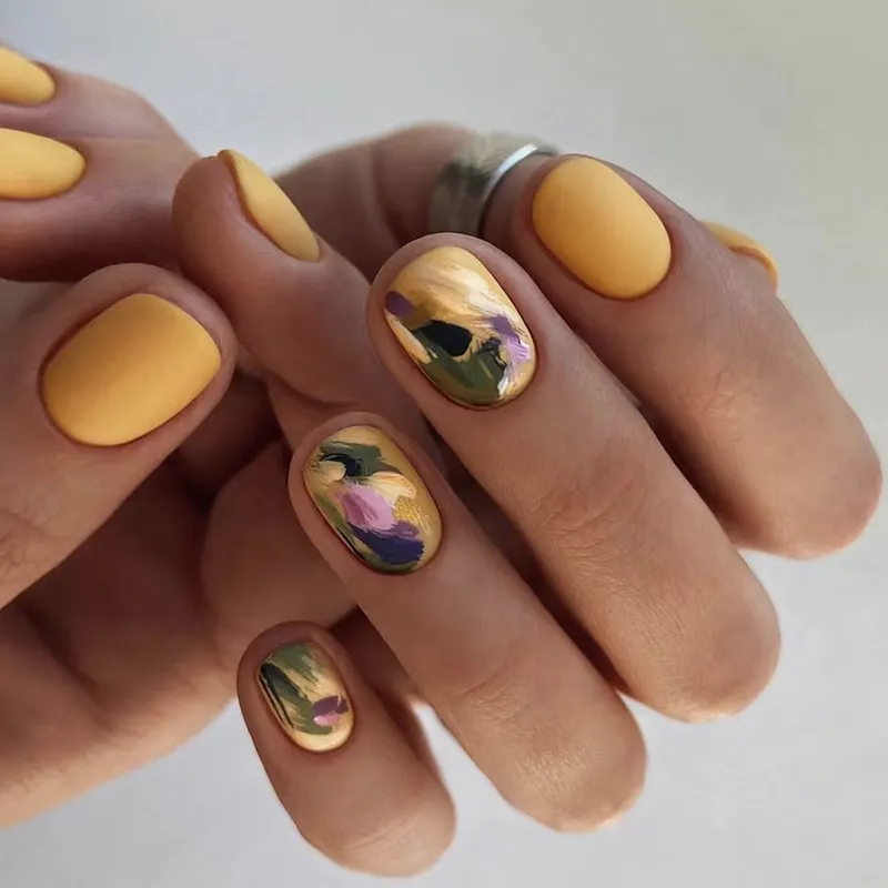 Churchf Churchf Frosted Cheese Yellow Irregular Graffiti Nail Small Short Wear 24 Pieces