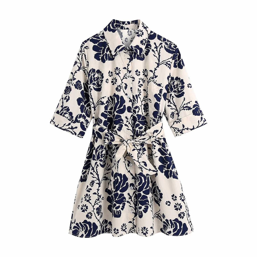 Zevity Women Vintage Short Sleeve Floral Print Casual Slim Shirt Dress Female Chic Single Breasted Sashes Mini Vestidos DS8397