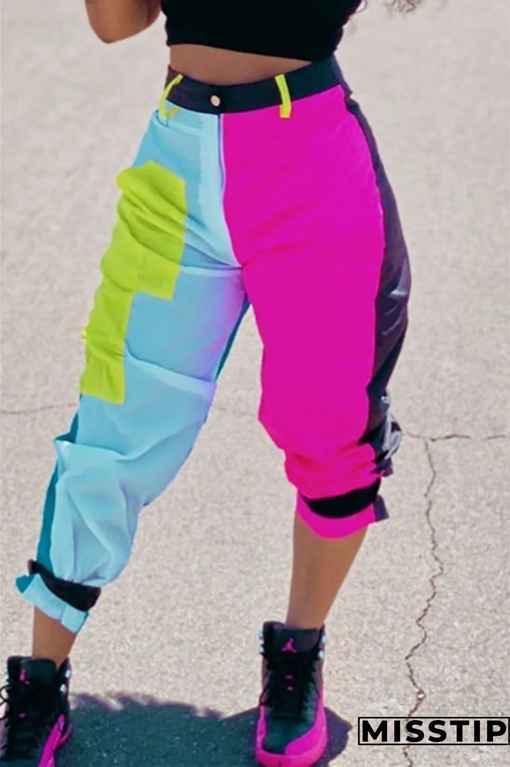 Blue Zipper Fly Mid Patchwork Straight Capris Bottoms
