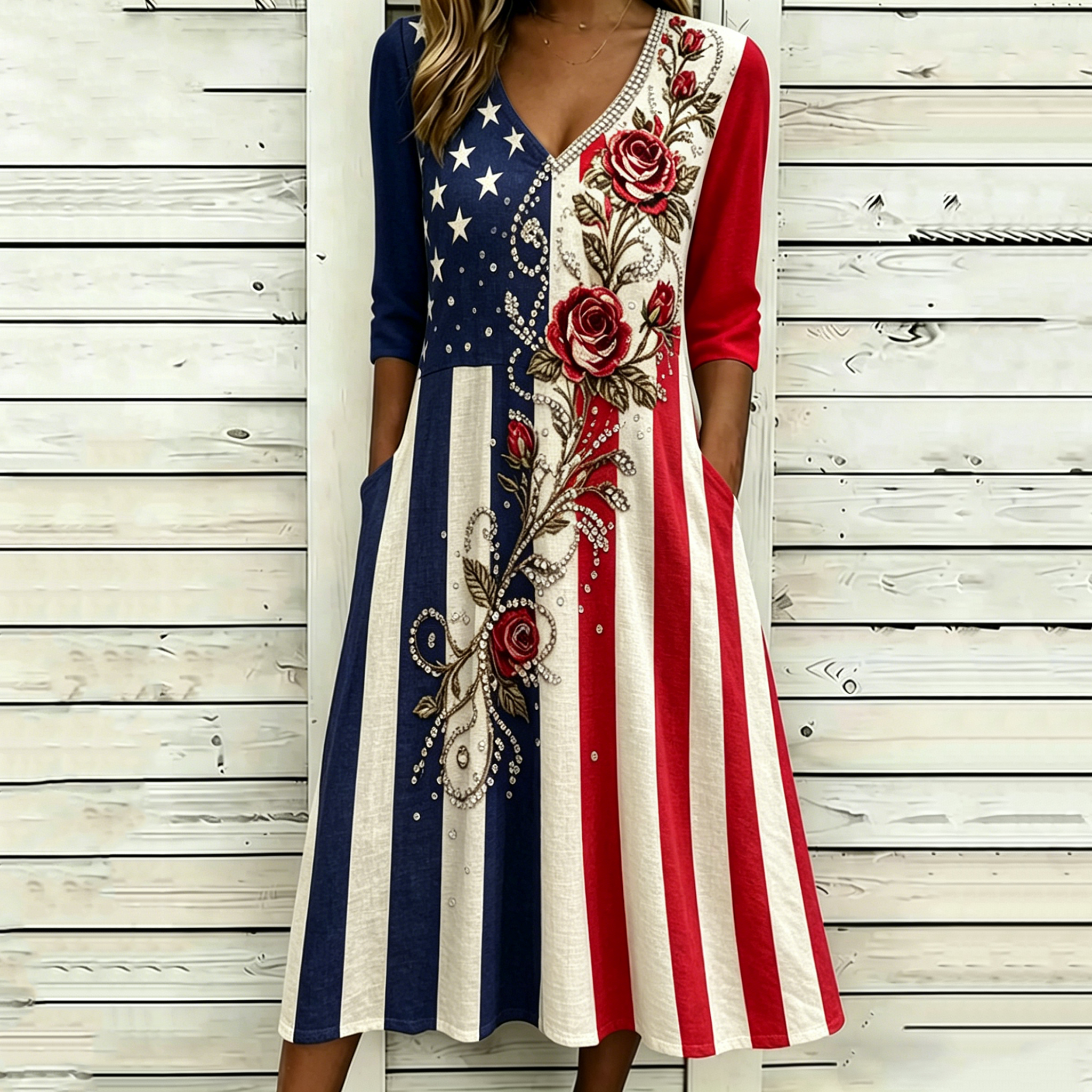  Women's Vintage Flags And Floral Art Print Linen Blend Casual Dress Westsshops