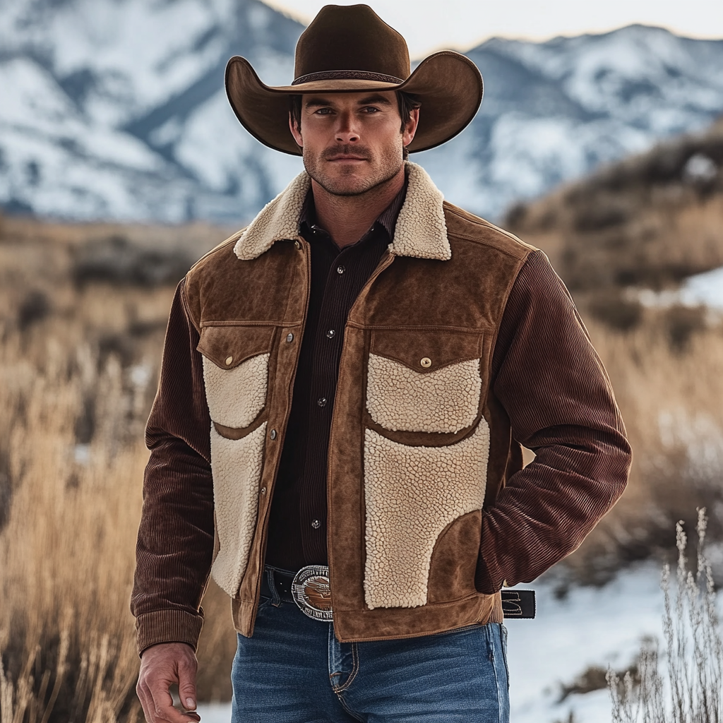 Men's Vintage Corduroy Suede Patchwork Fleece Fur Lapel Collar Outdoor Bomber Jacket-inspireuse