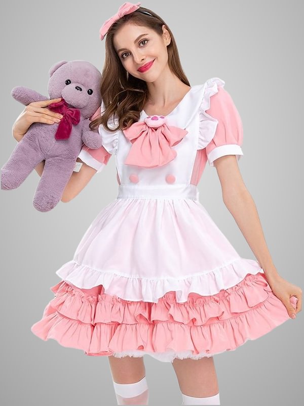 Bowknot Button Tiered Flounced Maid Dress