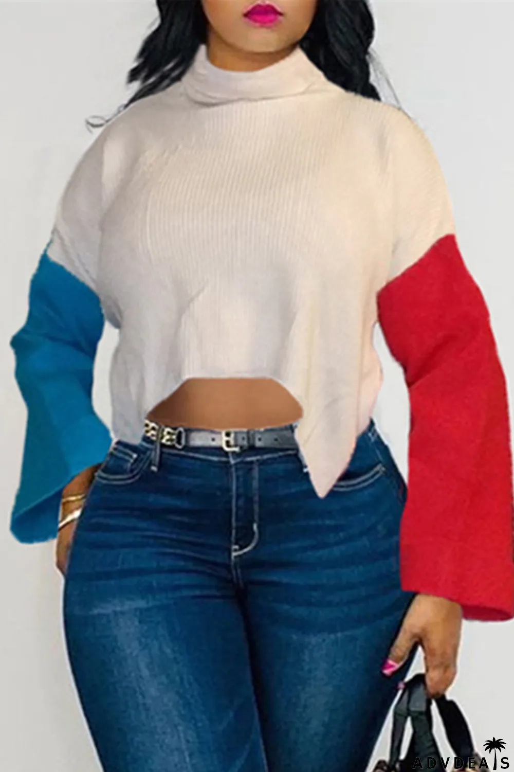 White Fashion Casual Patchwork Asymmetrical Turtleneck Tops
