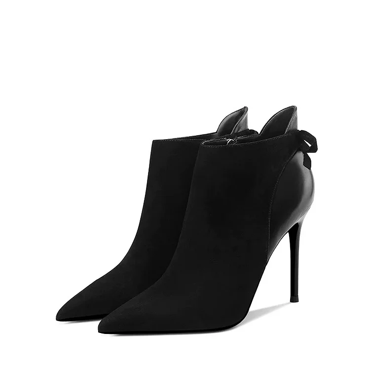 Black Suede Bow Stiletto Boots Pointy Toe Ankle Boots |FSJ Shoes