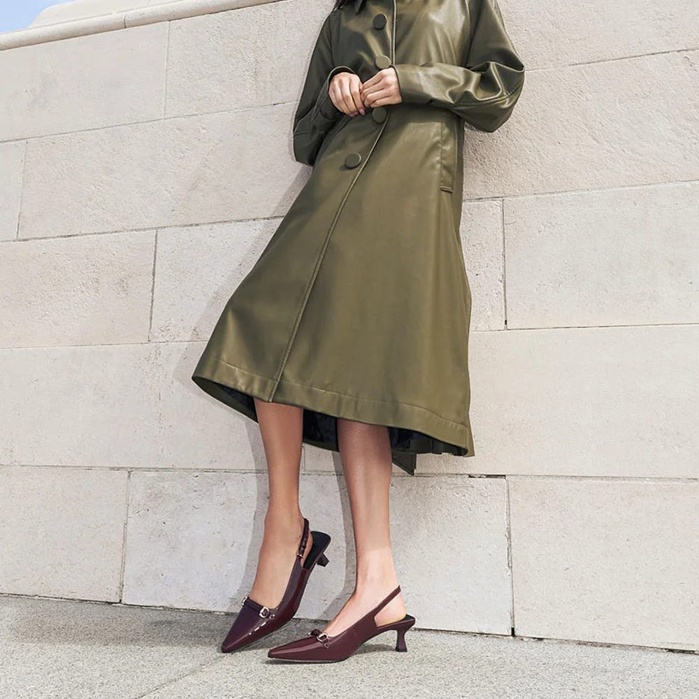 Maroon Patent Leather Pointed Toe Horsebit Decor Slingback Heels