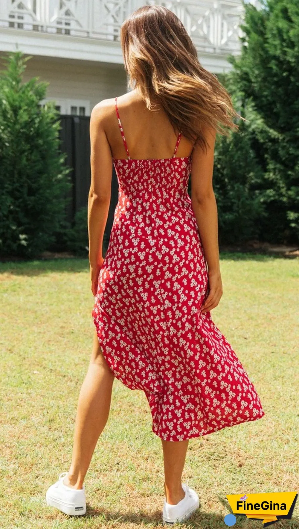 Floral Print V-Neck Short-Sleeved Lace Dress Wq36