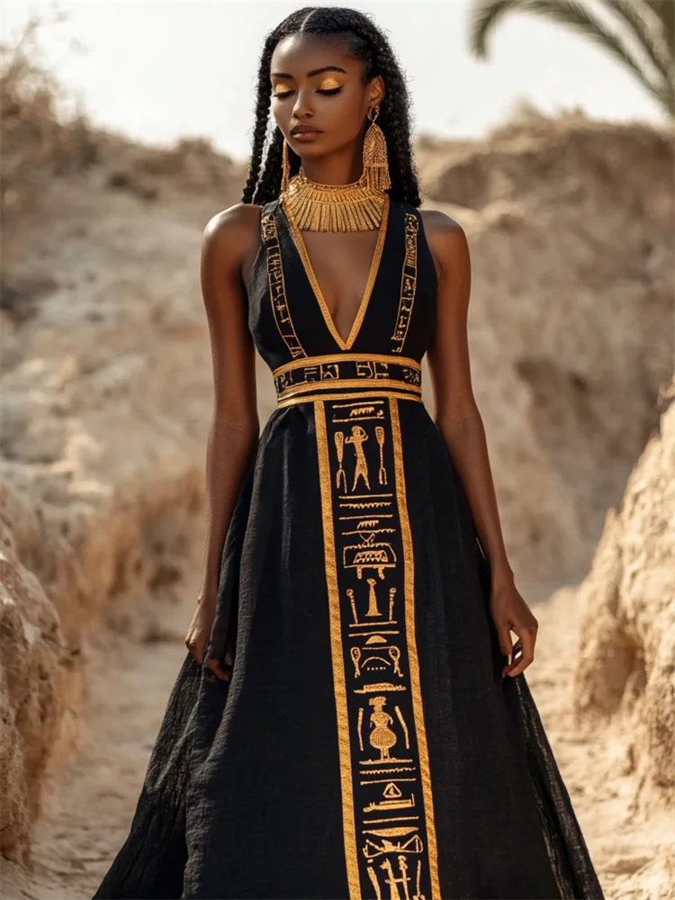 Ancient Egyptian Art Embroidered Linen Maxi Dress