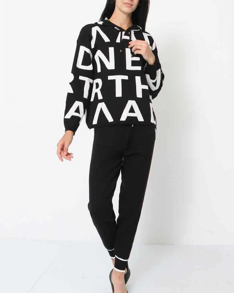 Hooded sports letter knitted two-piece set