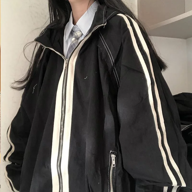 Huibahe Harajuku Fashion Jacket Women Oversized Korean Streetwear Vintage 2000s Aesthetic College Jackets Japan Autumn Zipper