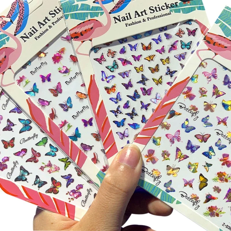 4PCS/Lot Pink Bule Butterfly Nail Stickers 3D Adhesive Transfer DIY Nail Art Decoration Manicure Salon Acrylic Tips Tool WG4365-Nail Inspo