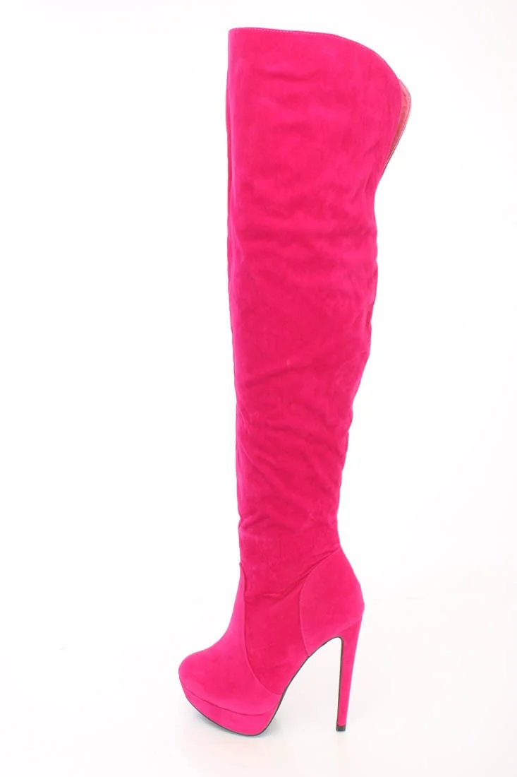 Hot Pink Over-the-Knee Suede Stiletto Platform Boots Vdcoo