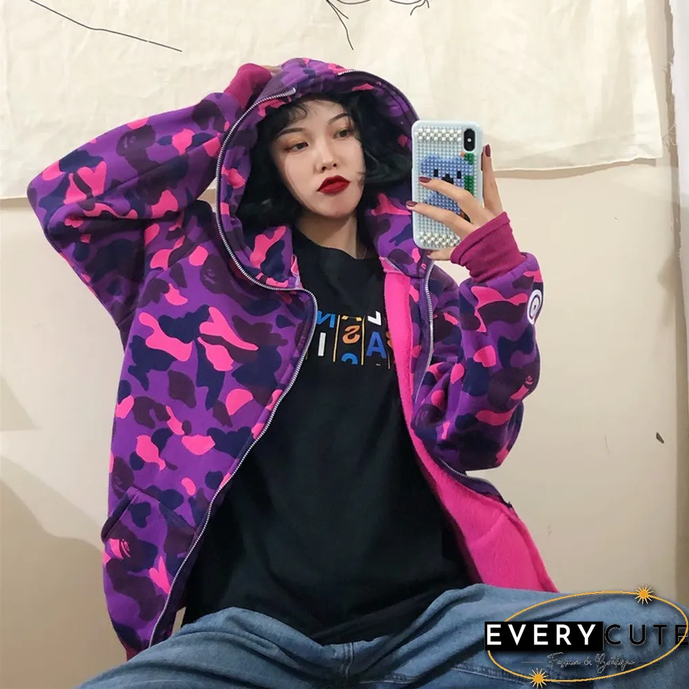Autumn & Winter New Fashion Brand Camouflage Shark Head Couple Loose Hooded Coat Sweater