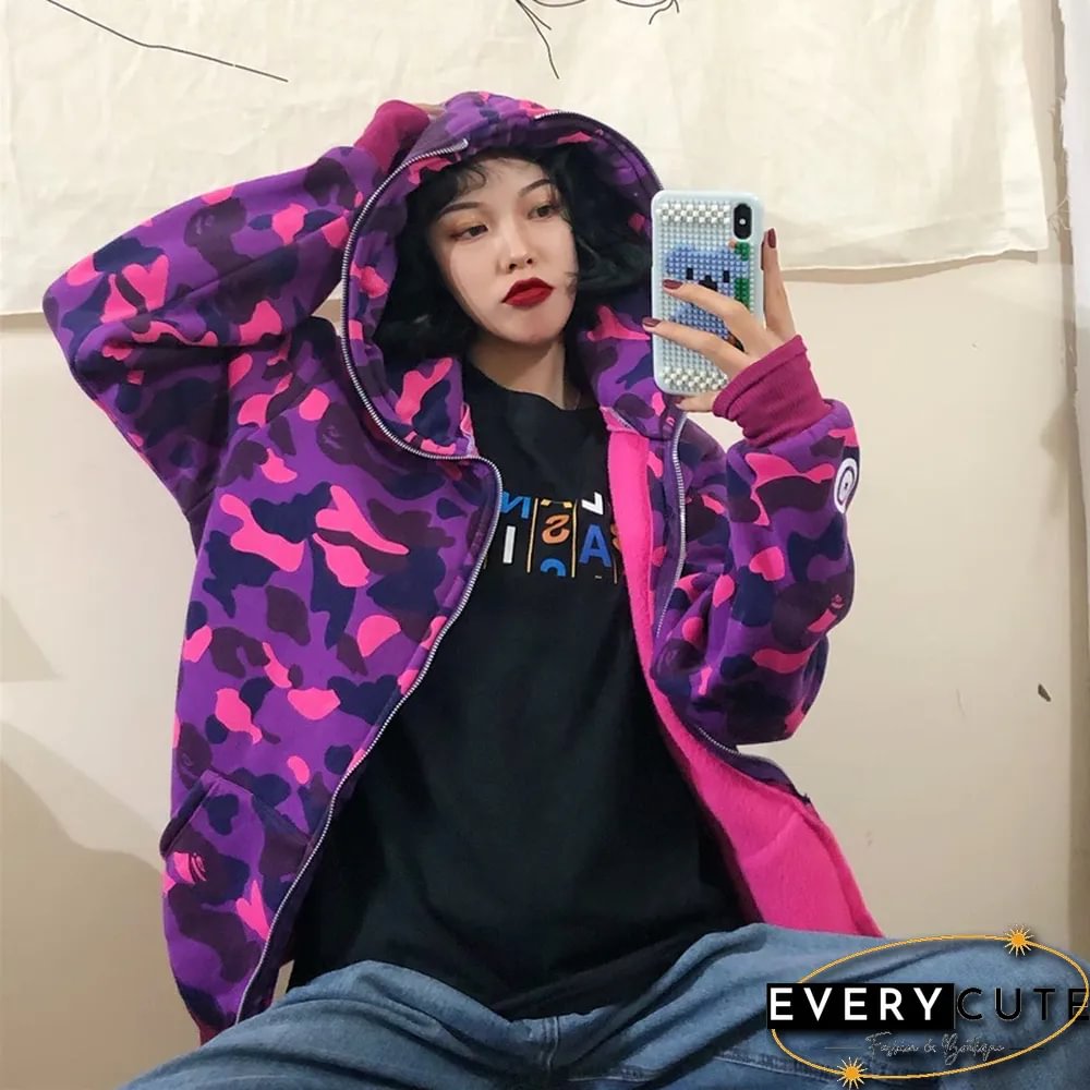 Autumn & Winter New Fashion Brand Camouflage Shark Head Couple Loose Hooded Coat Sweater
