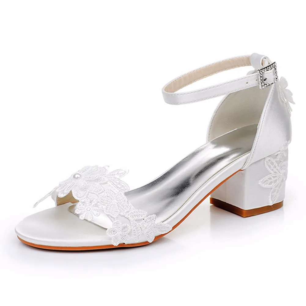 Breakj Breakj Cm Square Sandals Shallow Mouth With Coarse Sandals Horseshoes And White Lace Flowers Bride Wedding Shoes