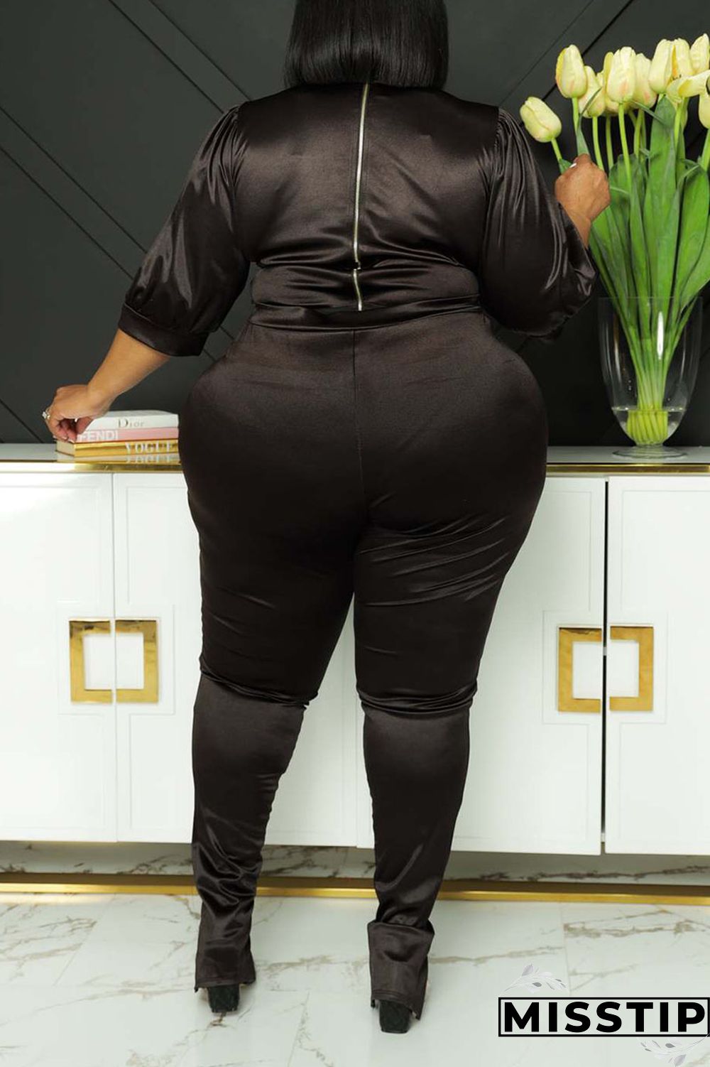 Coffee Casual Solid Patchwork Half A Turtleneck Plus Size Two Pieces