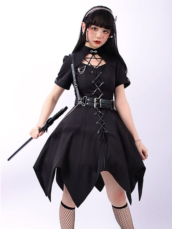 Gothic Lolita OP Dress Black Short Sleeves Ruffles Lace Up Lolita One Piece Dress Novameme