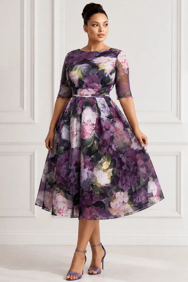 Xpluswear Design Plus Size Wedding Guest Purple Floral Round Neck Short Sleeve Chiffon Midi Dresses [Pre-Order] 2024 - Xpluswear
