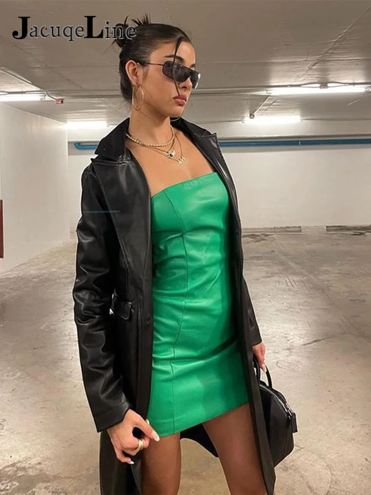 JacuqeLine Summer 2022 Sexy Club Strapless Bodycon Dress Women Mini PU Leather 90s Street Fashion Y2K Party Dresses Backless