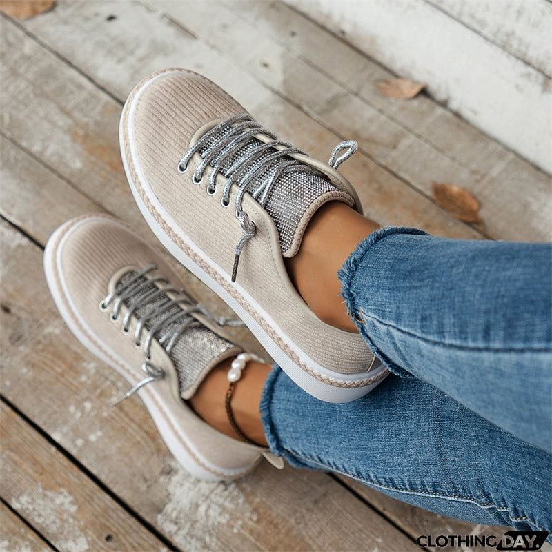 Women's Stylish Thick-Soled Round Toe Lace-Up Rhinestone Casual Shoes