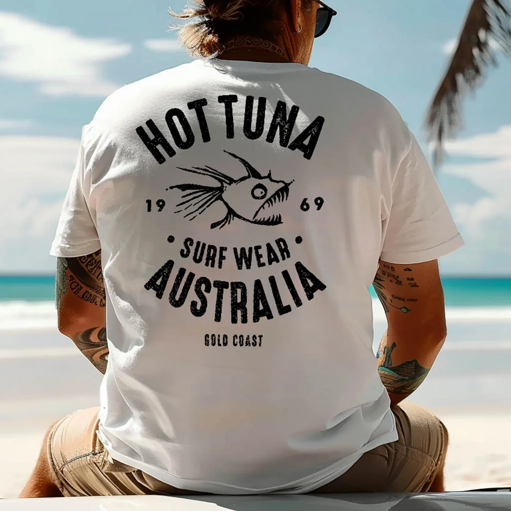 Men's Vintage Surfing Hot Fish Graphic Print White Crew Neck Cotton Short Sleeve T-Shirt