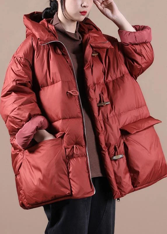 Elegant red warm winter coat Loose fitting womens parka hooded pockets Warm overcoat