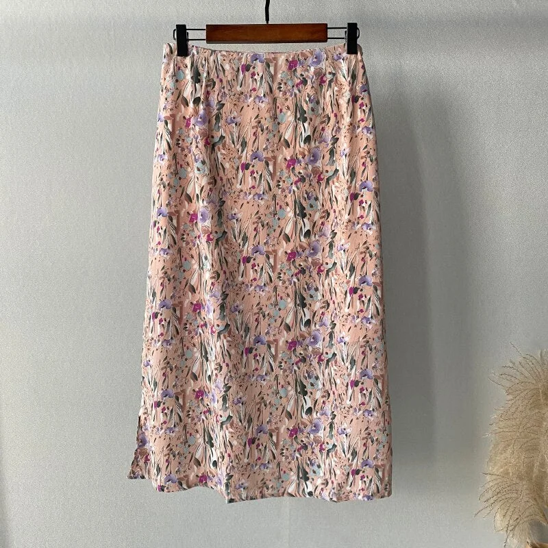 Lizkova Spring Floral Print Skirt Women High Waist Boho Mujer Faldas Split Summer 2021 Korean Style Holiday Femme Jupes