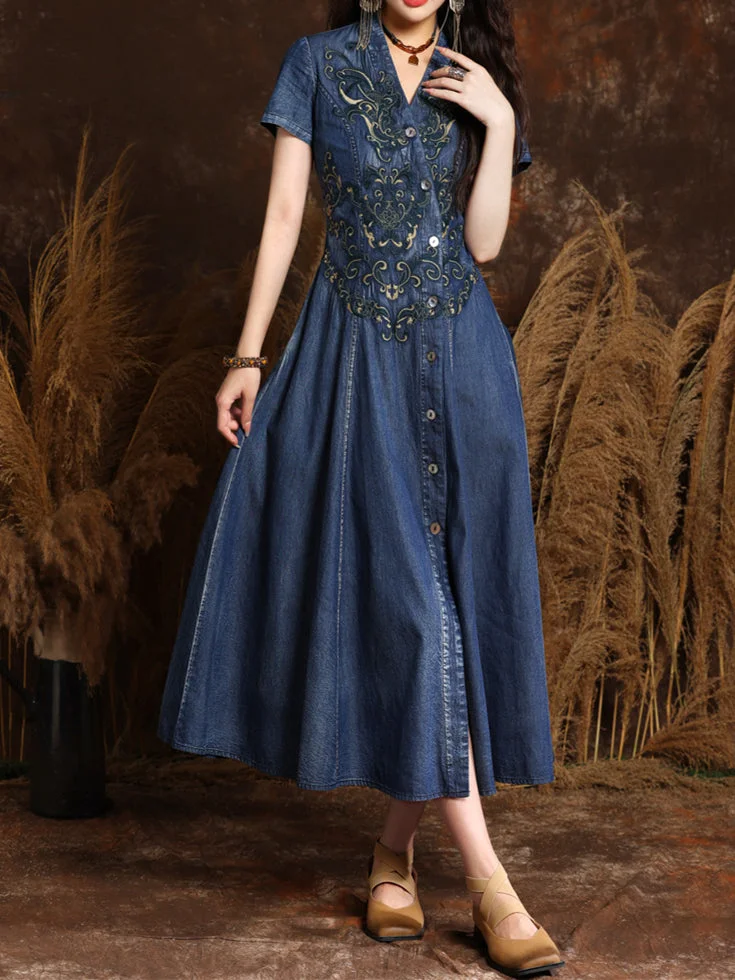Women's Denim Short Sleeve V-neck Dress