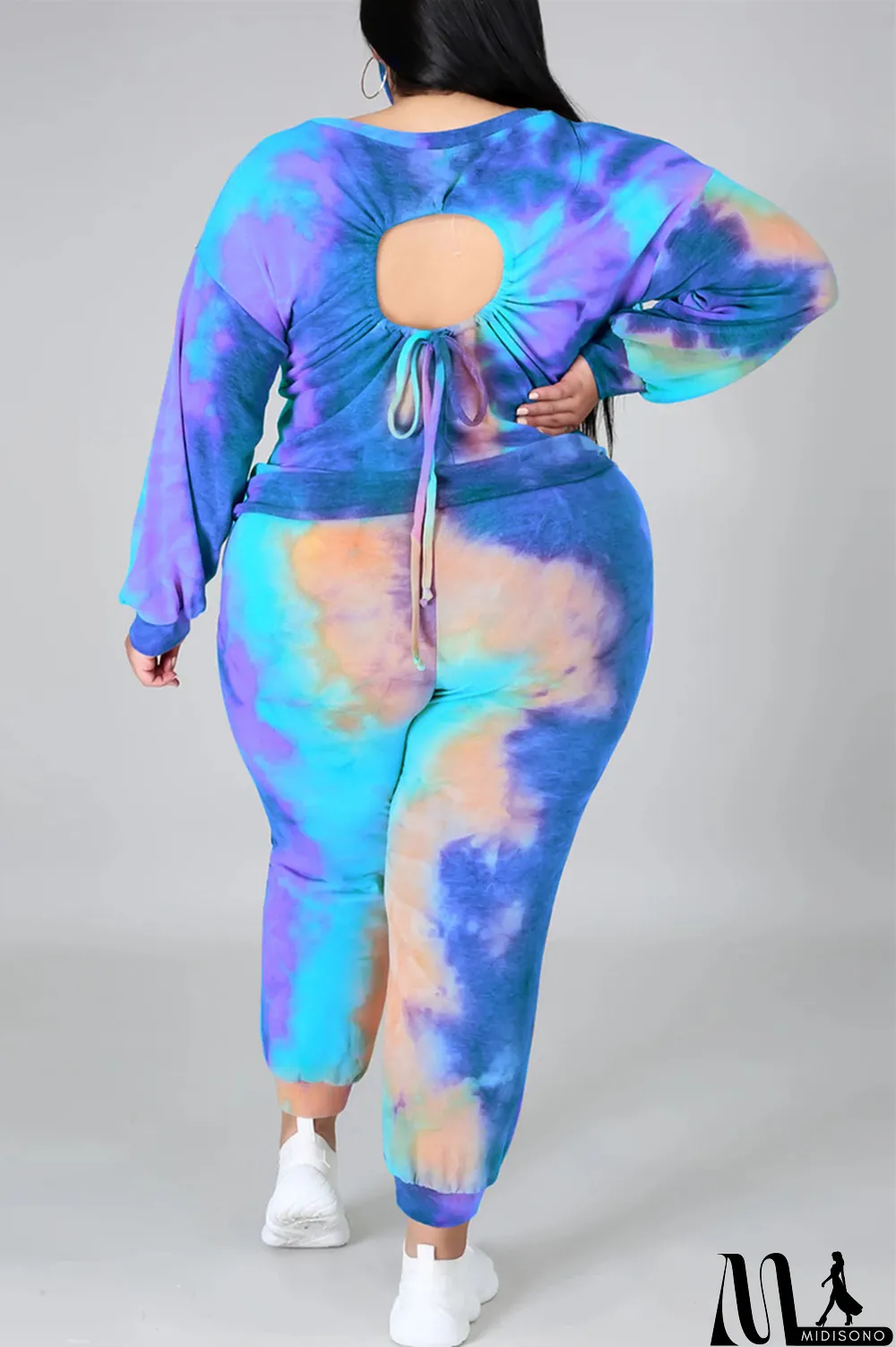 MidiSono - Multicolor Fashion Casual Print Tie Dye Backless O Neck Plus Size Two Pieces